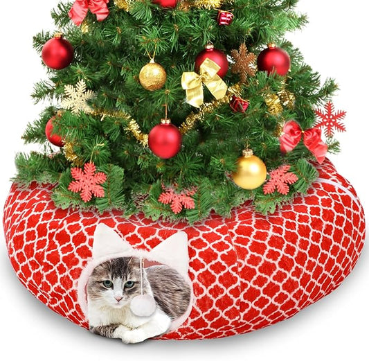 Soulchen Christmas Tree Cat Tunnel Bed 2.62ft x 2.62ft x 10.24inchs Christmas Trees Skirt for Cats Toy Circle Tunnel Xmas Green Red Pet Donut Toys with Washable Cushion for Kitten Felines