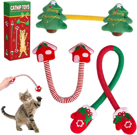 Retro Shaw Christmas Catnip Toys, Kitty Xmas Bundle Cat Toys Chew Ropes 3PCS, Catnip Kitten Toys for Indoor Cats Kitty, Safe Kitten Teething Chew Toy Cat Nip Kicker String