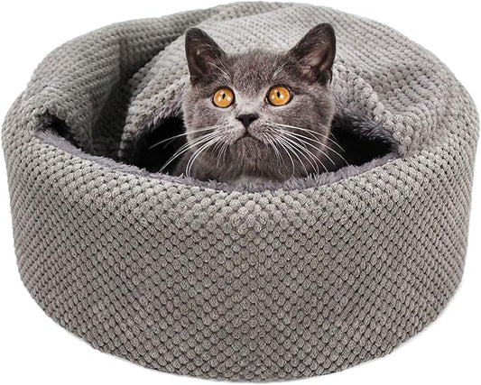Winsterch Washable Cat Bed - Round Soft, Cozy & Warming for Indoor Cats. Calming Kitten Pet Bed. Small Pet Covered Cat Cave Beds (Gray,12.59 x 12.59 x 5.91 in)