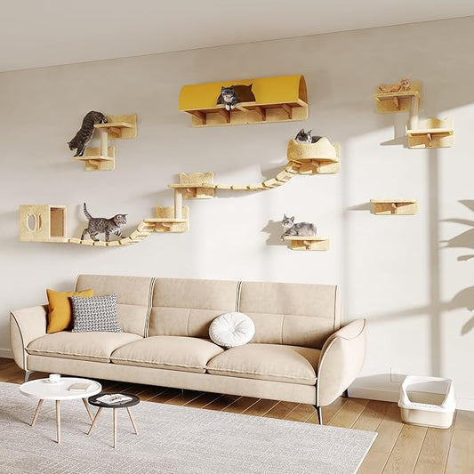 16-in-1 Cat Wall Shelves, Wall Mounted Cats Furniture Set w/Plush Fabric, Cat Climbing Wall Systems, Cats Shelf with 40''L Tunnel, Condos, House, Steps, Bridge Ladder & Scratching Post, Beige