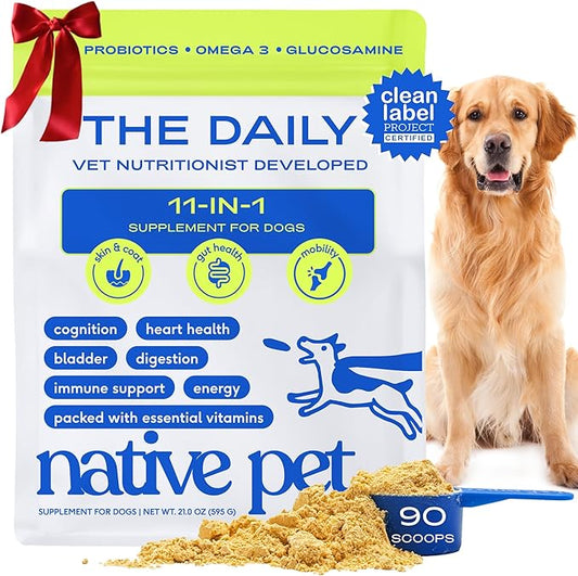 Native Pet Dog Vitamins & Supplements - 11-in-1 Vitamin Powder for Dog Food Topper - Collagen, Glucosamine, Probiotics, Omega & More- Supports Healthy Gut, Mobility & Overall Health - 90 Scoops