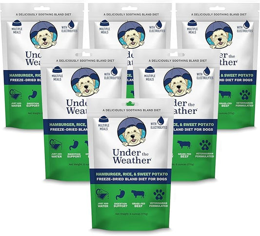 Under The Weather Easy to Digest Bland Diet for Sick Dogs | Contains Electrolytes | Gluten Free, All Natural, Freeze Dried 100% Human Grade Meats | 6 Pack - Hamburger, Rice & Sweet Potato