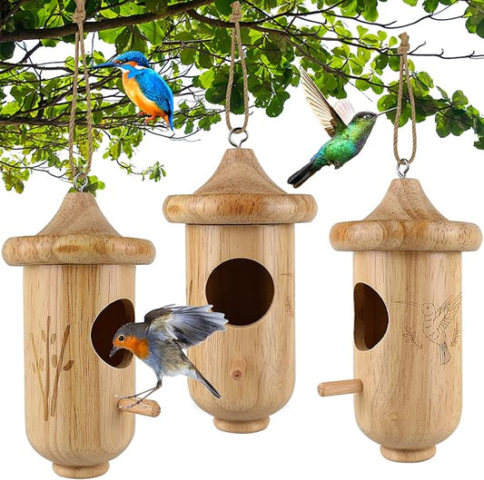 Hummingbird House for Outside Hanging, Wooden Hummingbird Gifts Nest 3 Pack with Hemp Ropes, Gardening Gifts Humming Bird Houses Home Decoration