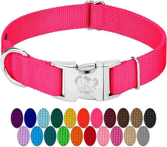 Country Brook Petz Premium Nylon Dog Collar with Metal Buckle for Small Medium Large Breeds - Vibrant 30+ Color Selection (Extra Large, 1 Inch, Hot Pink)