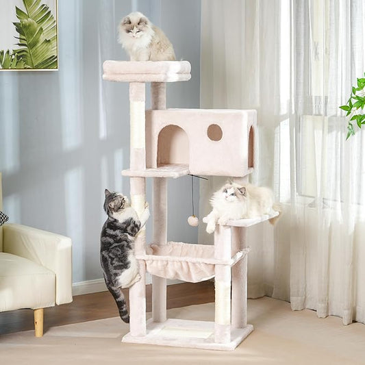 54??Cat Tree with Big Hammock 21x17??Adult Cat Tower with Scratching Posts Featuring Large Top Bed, Scratcher Pad, Spacious Condo House and Detectable Ball for Indoor Cats-Large Beige