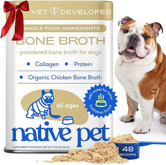Native Pet Bone Broth for Dogs and Cats - Chicken Bone Broth Powder Dog Food Toppers for Picky Eaters - Provides Extra Nutrition for Joint Strength, Immune Support & Heart Health - 48 Scoops
