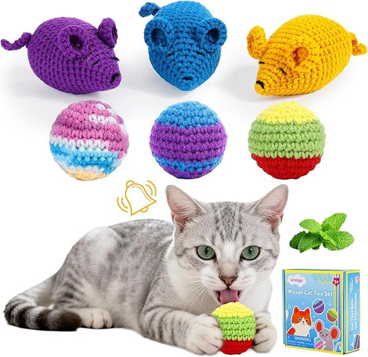 Omldggr 3Pcs Cat Toys Balls & 3Pcs Catnip Toys Crochet Mice Cat Toys, Woolen Yarn Cat Ball Toy with Bell Inside, Yarn Cat Nip Mouse Animals Toy, Safe Chew Toys for Christmas Indoor Kitten Toy