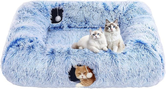 Extra Large Cat Tunnel Bed, 4 Ways Tunnels for Indoor Cats, Multi-cat Family Pet Bed & Cave, Plush Cat Donut with Washable Middle Mat, Exit Balls, Pet Play Toy for Kitten Puppy Rabbit, Blue