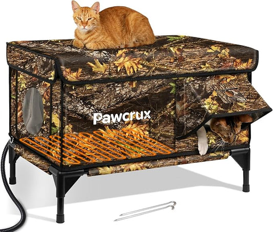 Weatherproof Heated Cat House for Outdoor in Winter, Heated Cat Bed Kitty Shelter with Cat Heating Pad, Insulated & Safe Escape Door, Warm House for Outside Stray Cat(Leaf Color, 17.6"x25.5"x17.9")