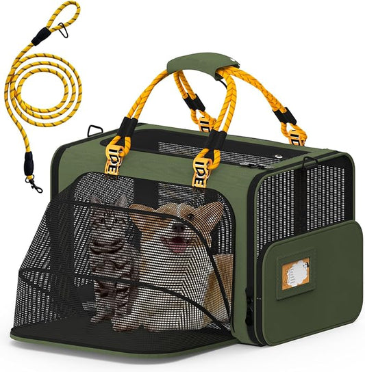 PAWZIDEA Expandable Large Pet Carrier, 24"X16"X16" Cat Carrier for 2 Cats, Collapsible Dog Travel Crate for Small Medium Dog, Soft-Sided Car Seat Cage Bag w/XL Storage Pocket, ID Card, Shoulder Strap