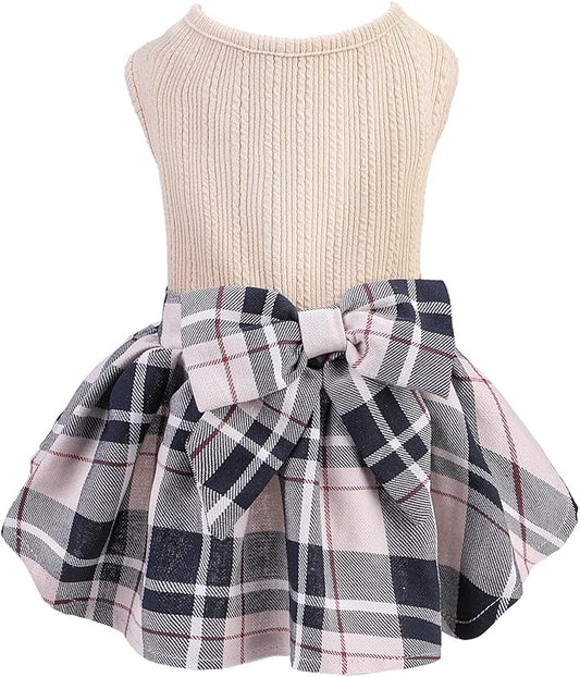 PUPTECK Classic Plaid Dog Dress Pet Apparel with Cute Bowtie Puppy Clothes Outfit,Cream,M