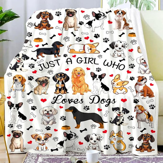 Dog Gifts for Girls Women Puppy Plush Just A Girl Who Loves Dogs Print Throw Blanket Stuff Cute Puppys Themed Dog Blanket for Girls Women Kids Dogs Lovers Birthday Decorations Bed Room Decor 60"X50"
