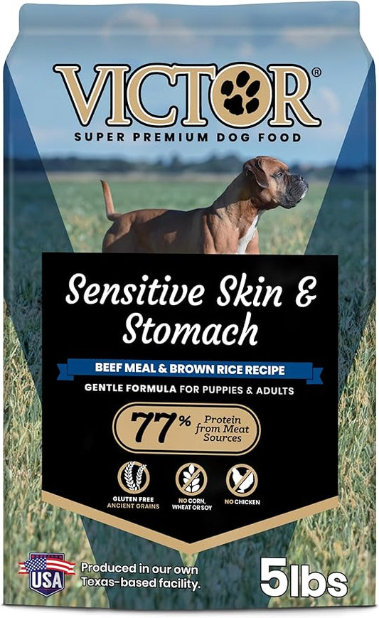 VICTOR Super Premium Dog Food ??Sensitive Skin and Stomach ??Beef Meal & Brown Rice Recipe Dry Kibble ??Gluten Free, No Chicken, Ideal for Dogs with Allergies ??Adult and Puppy Food, 5 lb