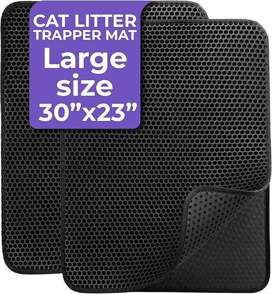 iPrimio Large Cat Litter Trapper Mat with Exclusive Urine/Waterproof Layer - Cat Litter Mat - Larger Holes with Urine Puppy Pad Option for Messy Cats - Soft on Paws and Light - 30" x 23" (Black) - 2pk