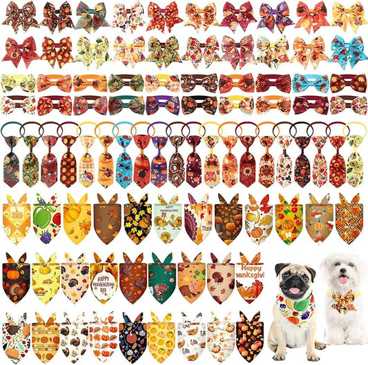 Reginary 120 Pcs Fall Thanksgiving Dog Bandanas Bulk Dog Bows Set Bow Ties Cat Scarf Colorful Washable Triangle Pet Kerchief Cute Bib for Summer Small Medium Large Pets Grooming Accessories Costume