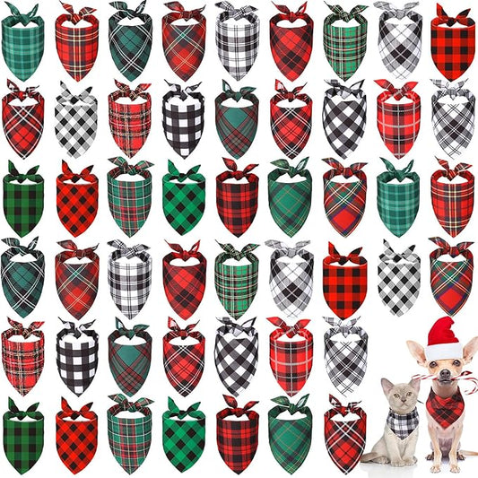 Sanwuta 50 Pieces Christmas Dog Bandanas Bulk, Classic Plaid Dog Bandanas, Triangle Scarf Plaid Kerchief for Small to Large Puppy Pet Cats (L)