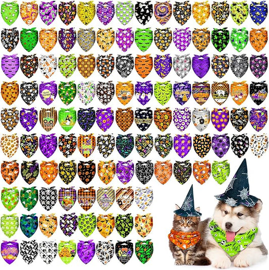 120Pcs Halloween Dog Bandanas Bulk Adjustable Dog Scarves Bibs Pumpkin Bat Ghost Puppy Bandanas Pet Neckerchief Washable Holiday Halloween Bandanas for Small Medium Large Dog Pet Grooming Accessories
