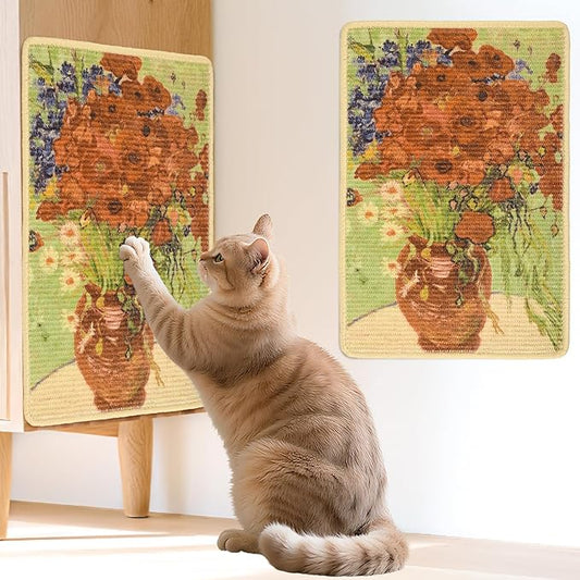 Sisal Cat Scratcher Mat, Cat Wall Scratcher for Indoor Cats, 23.6x15.7 Inch Cat Scratch Pad with Hook & Loop, Wall Mounted Cat Scratching Post to Protect Couch and Carpet（Red Flower）
