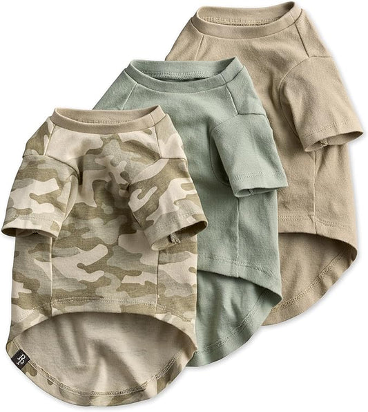 Toby II - The Perfect Tee, 3 Pack Short Sleeve Pet T-Shirt 100% Organic Cotton Tees Clothes for Small, Medium, Large Dogs, Sage Camo, Small
