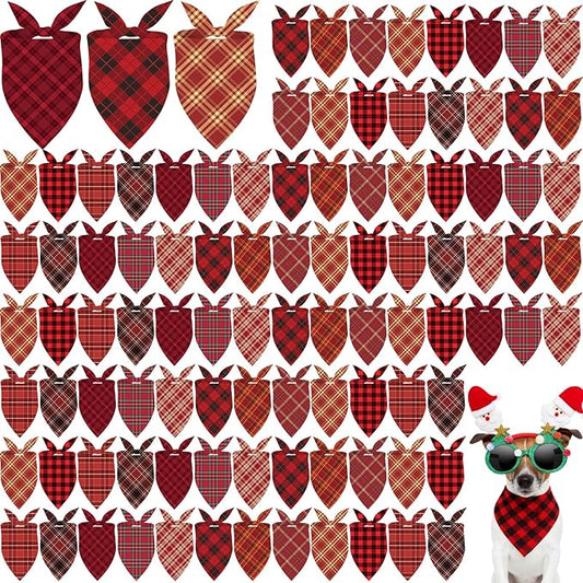 100 Pcs Christmas Dog Bandanas Bulk Xmas Red Plaid Bandanas Soft Triangle Bibs Adjustable Scarf for Small Medium Large Pets