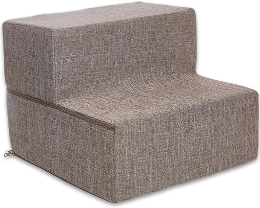 Best Pet Supplies Dog Stairs & Steps - Foam Steps for Small Dogs & Cats, Non-Slip Indoor Balanced Pet Step Support, Dog Ramp, No Assembly, Brown Linen, Foldable 2-Step (12-inch Height)