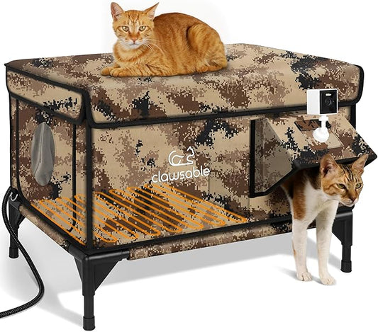 Indestructible Heated Cat House with Pet Camera for Outside Winter, 100% Waterproof, Escape Door, Insulated Outdoor Cat Shelter with Heater for Feral Barn Cat Kitty (Desert Camouflage, 26"x16"x18")