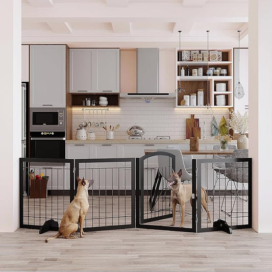 Vantas Folding Pet Gate 96" Wide, 30" Tall No-Assembly Metal Dog Gate, Freestanding Wire Pet Gate, Pet Puppy Safety Fence, Extra Wide with 2PCS Support - Black
