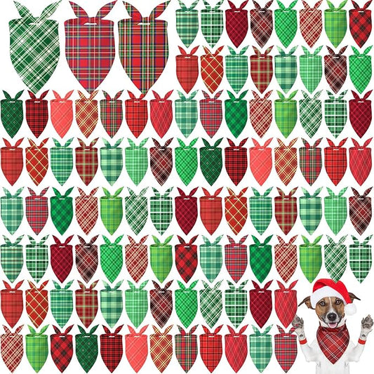 Abbylike 100 Pcs Christmas Dog Bandanas Bulk Red and Green Buffalo Plaid Bandanas for Dogs Triangle Kerchief Bibs Scarf for Pet Xmas Costume Photo Props Accessories, 25 Styles (19.7 x 13.8 x 13.8)