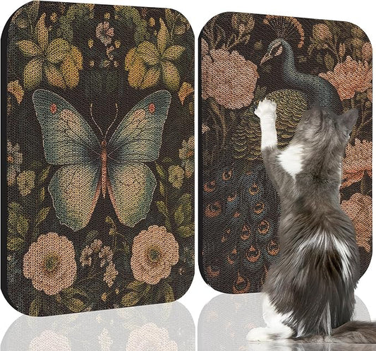 2 Pack Art Cat Scratcher, Wall-Mountable Cat Scratch Pad, Wall Cat Scratcher 16.7x11x1 Inch Cat Scratching Board for Indoor Cats Toy(Butterfly &Peacock)