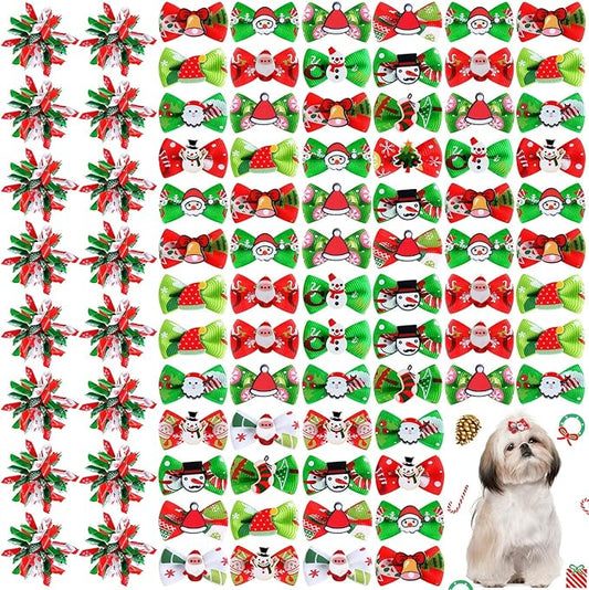 Weewooday 70 Pcs Dogs Hair Holiday Dog Bows Bowtie with Rubber Band Pet Hair Accessories Puppy Bowknot Topknot Pet Grooming Bow for Holiday Christmas Small Puppy Decor(Classic Style)