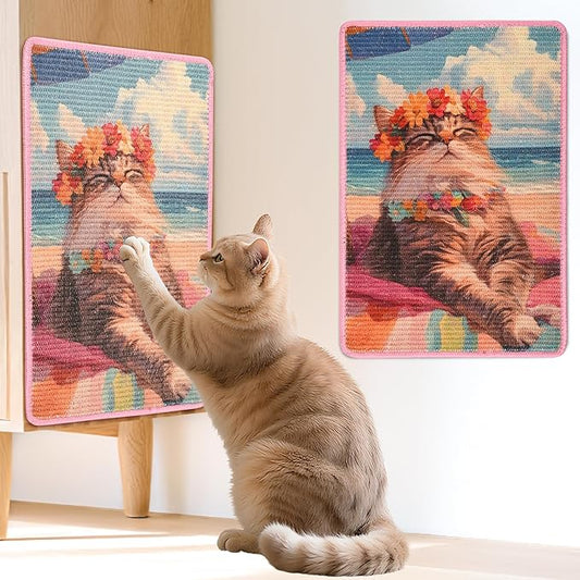 Sisal Cat Scratcher Mat, Cat Wall Scratcher for Indoor Cats, 23.6x15.7 Inch Cat Scratch Pad with Hook & Loop, Wall Mounted Cat Scratching Post to Protect Couch and Carpet（Beach Cat）