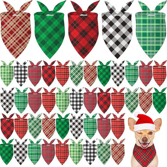 Weewooday 50 Pcs Christmas Dog Bandanas Bulk Xmas Red Green Buffalo Plaid Bandanas for Dogs Soft Bibs Adjustable Triangle Scarf for Small Medium Large Pets Costume (31.5 x 21.7 x 21.7 Inch)
