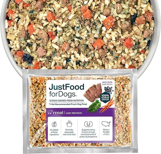 JustFoodForDogs Renal Support Low Protein Dog Food for Kidney Health, Fresh Frozen Human Grade Dog Food, Rx, 18 oz (Pack of 21)