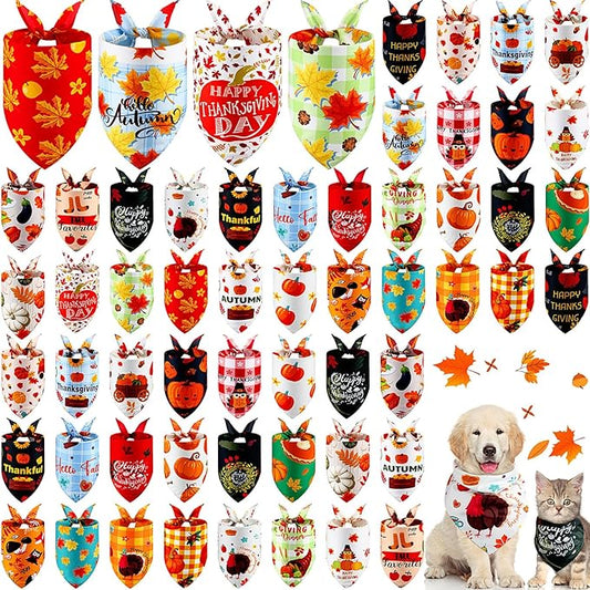 Sanwuta 60 Pcs Fall Dog Bandanas Thanksgiving Dog Bandanas Bulk Adjustable Pet Bibs Triangle Scarf Holiday Costume for Small to Large Pet (Turkey Pattern)