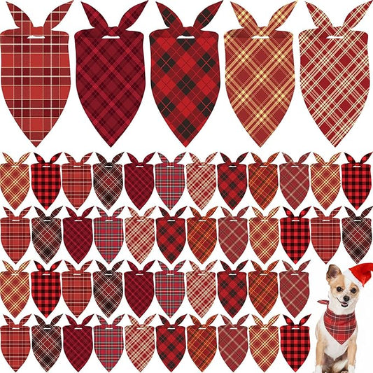 Weewooday 50 Pcs Christmas Dog Bandanas Bulk Xmas Red Buffalo Plaid Bandanas for Dogs Soft Bibs Adjustable Triangle Scarf for Small Medium Large Pets Costume (25.6 x 17.7 x 17.7 Inch)