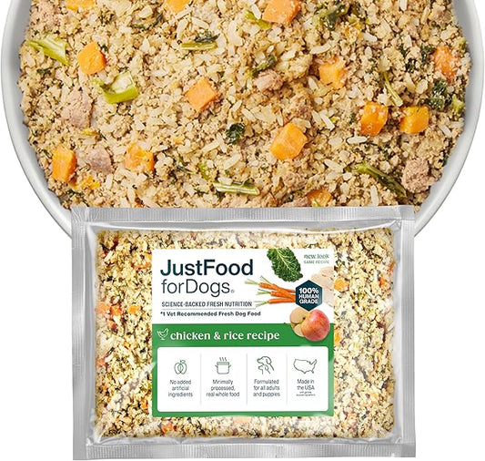 JustFoodForDogs Frozen Fresh Dog Food, Complete Meal or Dog Food Topper, Chicken & Rice Human Grade Dog Food Recipe, 18 oz (Pack of 21)