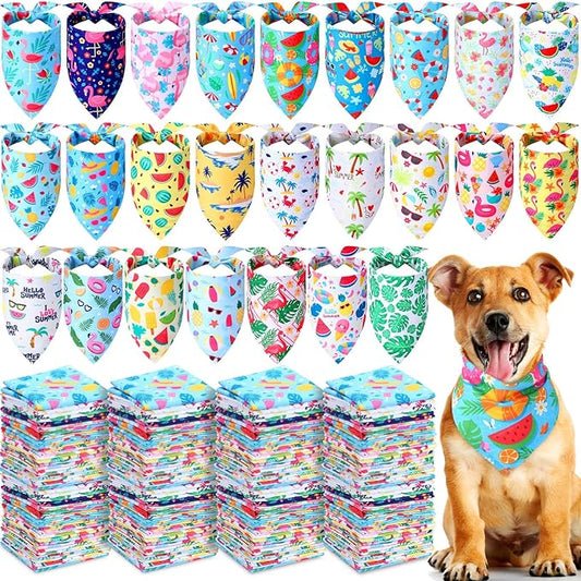 Sweetude 200 Pieces Hawaiian Dog Bandanas Bulk Summer Bandanas for Dogs Pineapple Palm Leaves Fruit Pattern Pet Triangle Scarf Puppy Dog Kerchief Bibs for Summer Holiday Costume Accessories Decoration