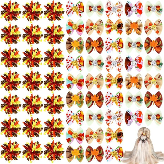 Weewooday 70 Pcs Dogs Hair Holiday Dog Bows Bowtie with Rubber Band Pet Hair Accessories Puppy Bowknot Topknot Pet Grooming Bow for Holiday Christmas Small Puppy Decor(Elegant Style)