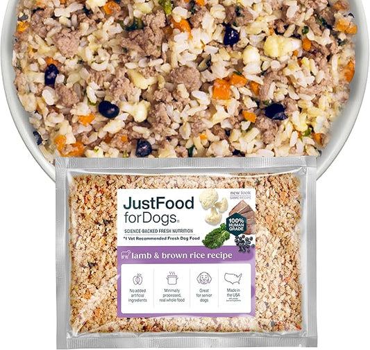 JustFoodForDogs Frozen Fresh Dog Food, Complete Meal or Topper, Lamb & Brown Rice Human Grade Dog Food Recipe, 18 oz (Pack of 7)