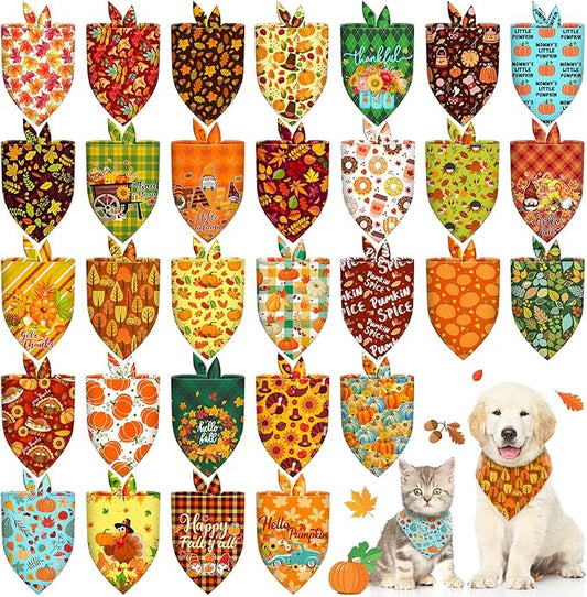 30 Pcs Fall Dog Bandanas Bulk Adjustable Dog Scarves Pumpkin Turkey Puppy Bandanas Autumn Pet Neckerchief Washable Thanksgiving Holiday Bandana for Small Medium Large Dog Pet Grooming Accessories