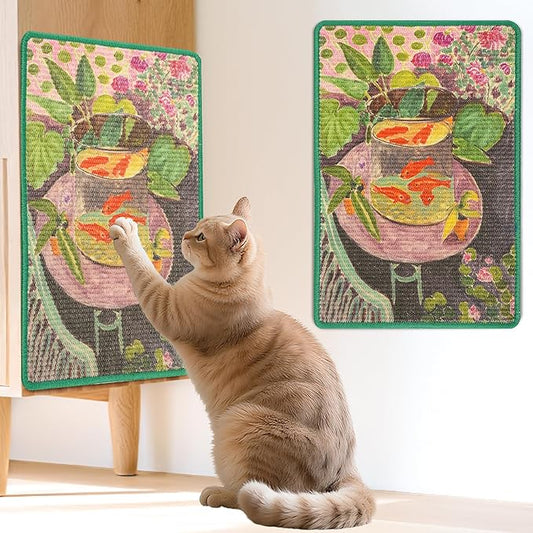 Sisal Cat Scratcher Mat, Cat Wall Scratcher for Indoor Cats, 23.6x15.7 Inch Cat Scratch Pad with Hook & Loop, Wall Mounted Cat Scratching Post to Protect Couch and Carpet（Goldfish）