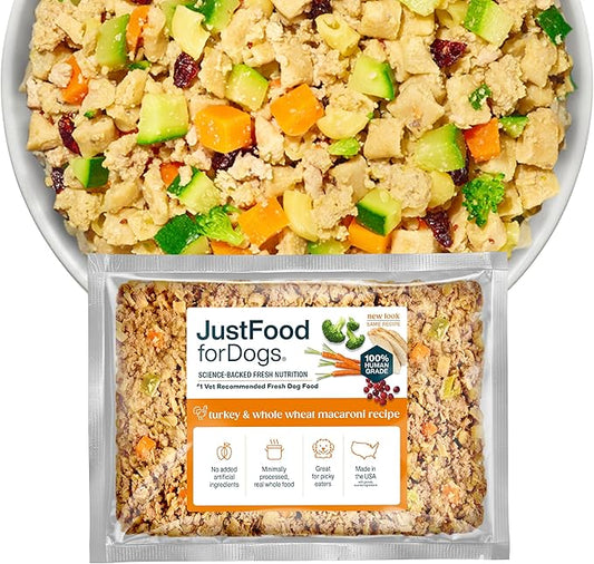 JustFoodForDogs Frozen Fresh Dog Food, Complete Meal or Dog Food Topper, Turkey & Whole Wheat Macaroni Human Grade Dog Food Recipe, 18 oz (Pack of 21)