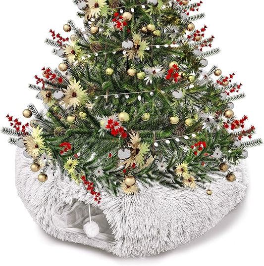 Cat Tunnel Bed for Indoor Cats, Peekaboo Cat Cave with Washable Soft Play Mat, Furry Cat Tube, for Kitten/Puppy/Rabbit, Brown