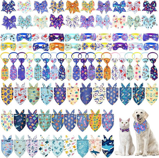 Reginary 120 Pcs Ocean Animals Dog Bandanas Bulk Dog Bows Set Bow Ties Cat Scarf Colorful Washable Triangle Pet Kerchief Cute Bib for Summer Small Medium Large Pets Grooming Accessories Costume