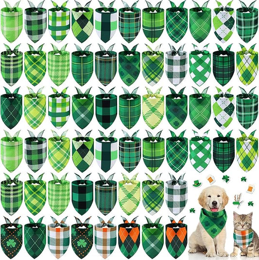 Sweetude 60 Pcs St Patrick's Day Plaid Dog Bandanas Bulk St Patrick's Pet Scarf Bibs Adjustable Washable Kerchief Holiday Pet Costume Accessories Grooming Supplies for Small to Large Cats Dogs