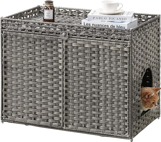 Cat Litter Box Enclosure Furniture, Handwoven Rattan Hidden Litter Box with Mat, Large Space Cat House with 2 S-Shaped Hooks 30.3 x 18.3 x 24.4 Inches, Indoor for Living Room Apartment Gray