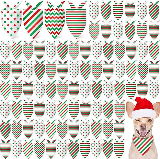 100 Pcs Christmas Dog Bandanas Bulk Red and Green Xmas Bandanas for Dogs with Diagonal Horizontal Stripes Polka Dots Geometric Patterns Triangle Kerchief Bibs Scarf Set for Pet Xmas Costume
