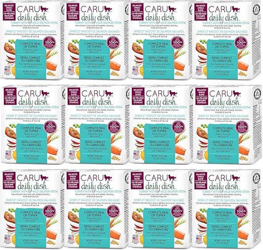 Caru Daily Dish Turkey with Wild Salmon Stew, Natural Adult Wet Dog Food with Real Chunks of Turkey & Wild Salmon, with Added Vitamins & Minerals, Non-GMO Ingredients (12.5 oz) - 12 Pack