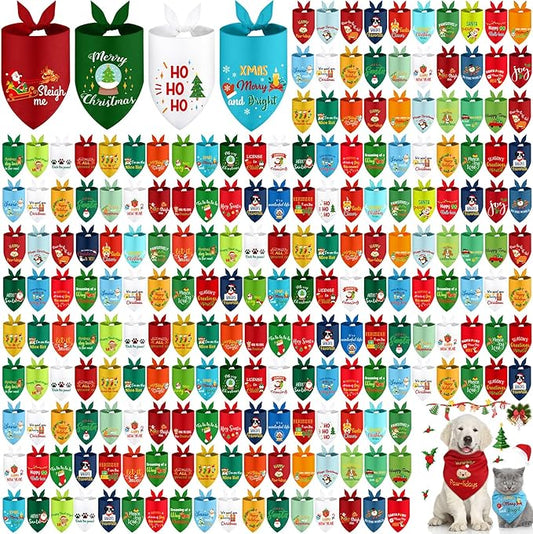 100 Pcs Christams Dog Bandana Bulk with Sayings Pet Triangle Scarf Bibs Washable Puppy Kerchief Adjustable Grooming Supplies for Small Medium Large Dog Cat Costume Accessories