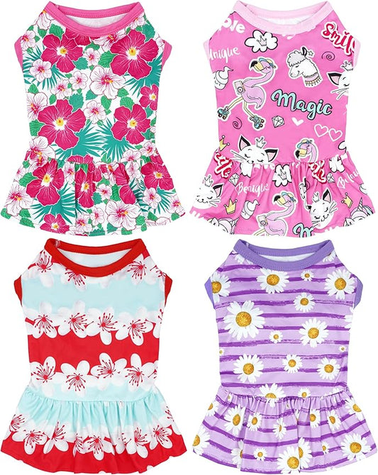 4PCS Dog Dresses Shirts for Large Dogs Girl Female Pink Purple Red Skirts Summer Clothes Pet Apparel Floral Sundress Small Daisy Unicorn Stretchable Lightweight Outfit L